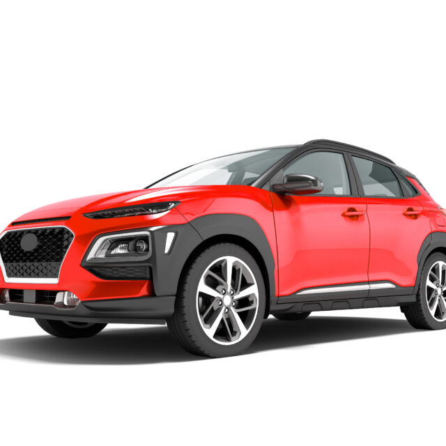 Modern red car crossover in front 3d render on white background with shadow
